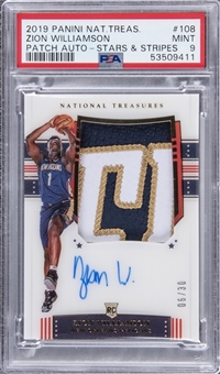 2019-20 Panini National Treasures "Stars & Stripes" Patch Autograph #108 Zion Williamson Signed Patch Rookie Card (#06/30) – PSA MINT 9 "1 of 1!"